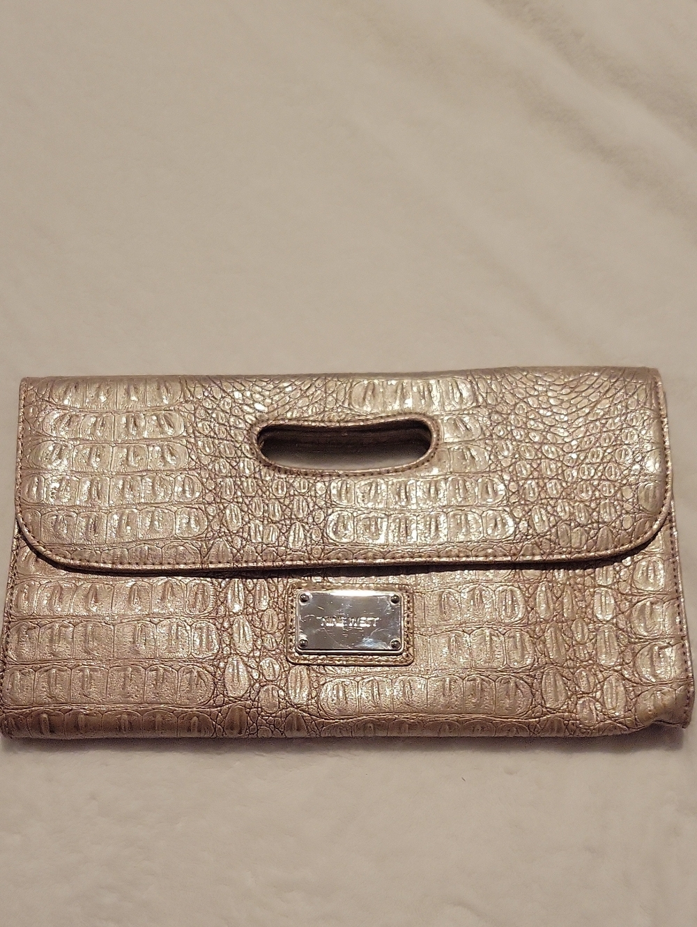 Nine West Metallic Croc-Embossed Foldover Clutch in Rose Gold